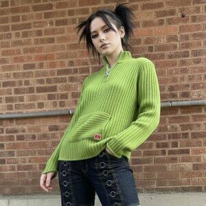 Vintage Y2K comfy bright apple green knit sweater ✦ High neck quarter zip-up top
